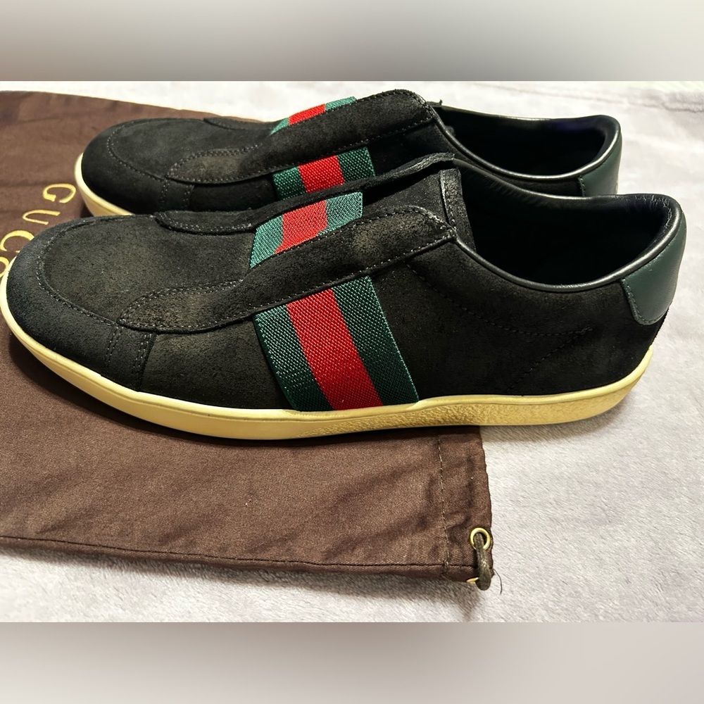 Gucci Black Suede Web Stripe Slip-On Sneakers Size 7.5 - Picture 5 of 15
